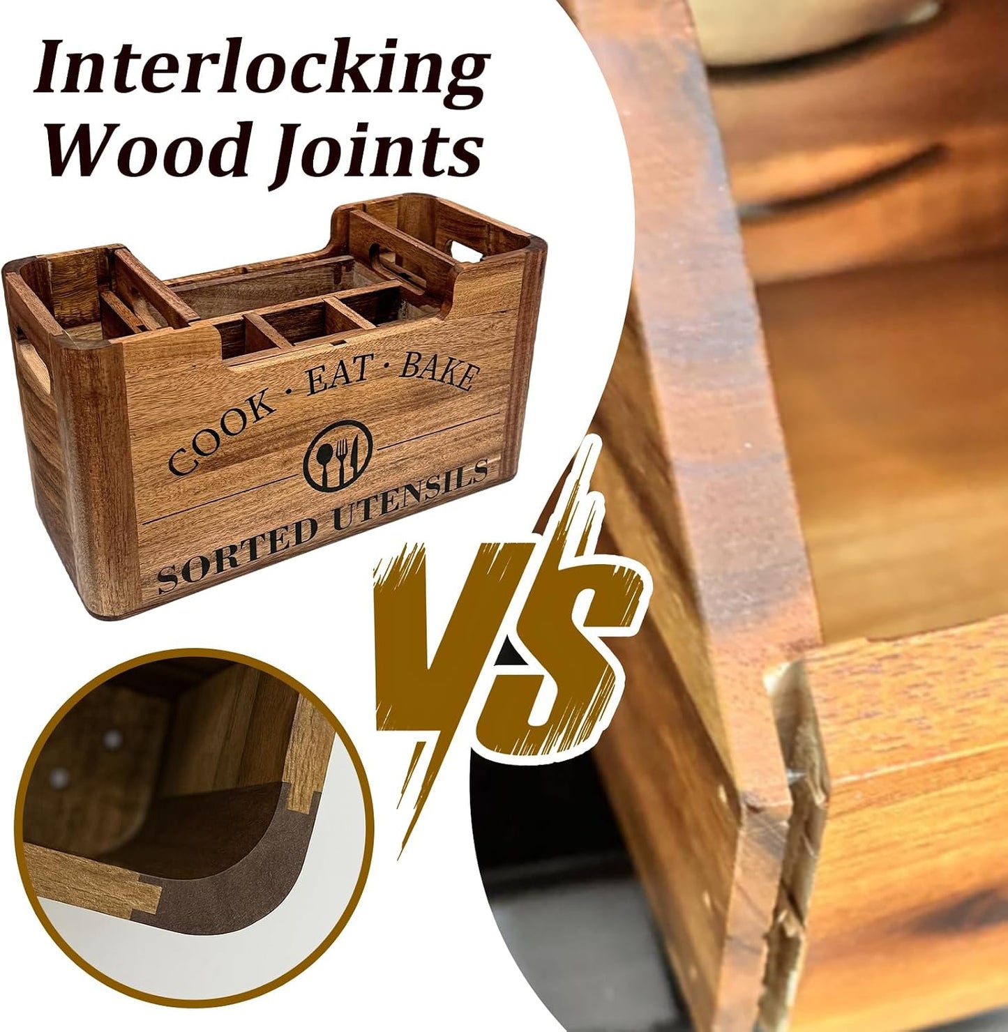 2-in-1 Acacia Wood Kitchen Utensil Holder with Removable Caddy | Farmhouse Kitchen Utensil Holder for Countertop