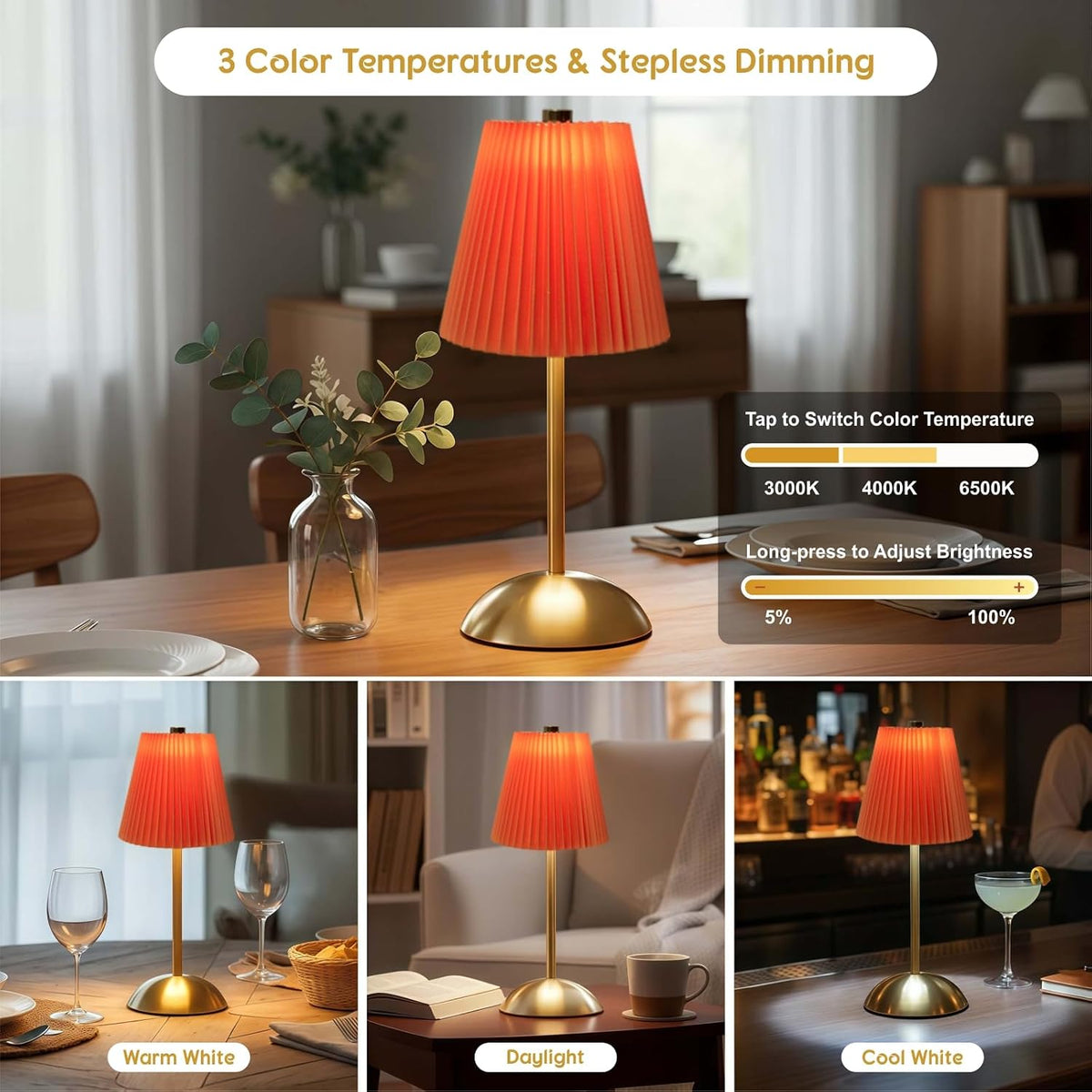 Set of 2 Orange LED Table Lamps, Mini Cordless Lamps Rechargeable | Small Wireless Table Lamp, Stepless Dimming Battery