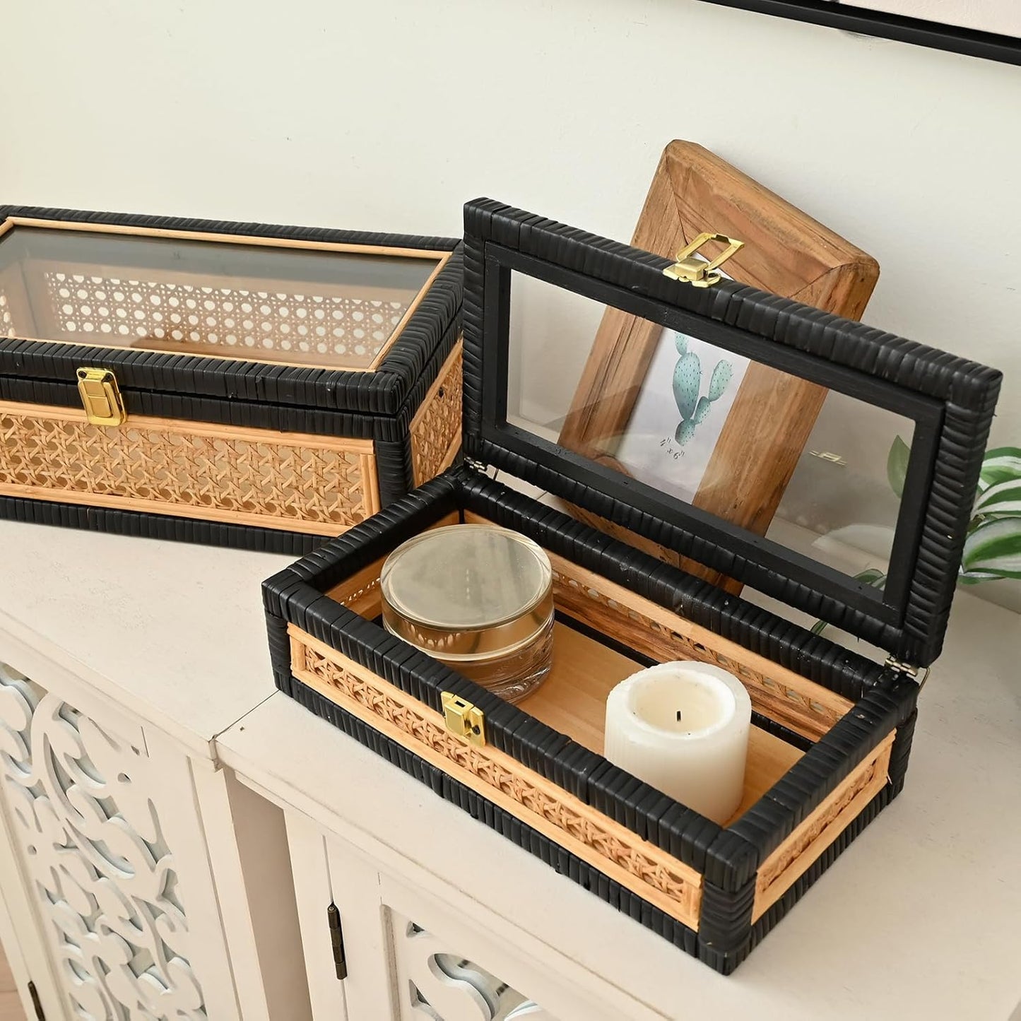 Black Rattan Decorative Storage Boxes / 14.1 x 8.2 x 5.1 / Rattan&black / Set of 2