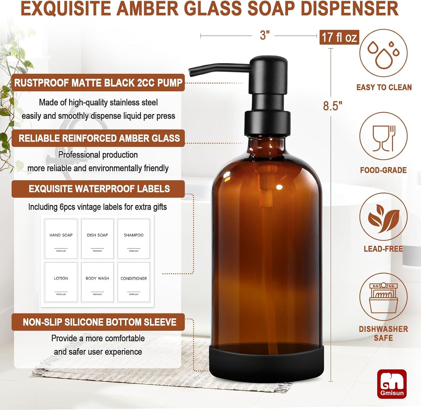 GMISUN Amber Glass Soap Dispenser with Silicone Sleeve Boot, 2 Pack Bathroom Hand Soap Dispensers with Pump, 17 Fl Oz