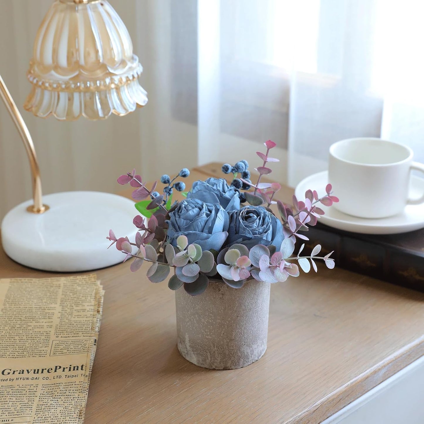 Small Artificial Rose Potted Plant / Burnt Blue