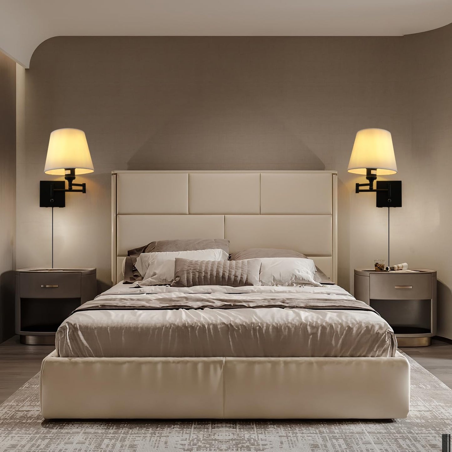 Bedside Wall Mount Light with Dimmable Switch and USB C+A Charging Port, Swing Arm Fabric Shade Wall Sconce Light with