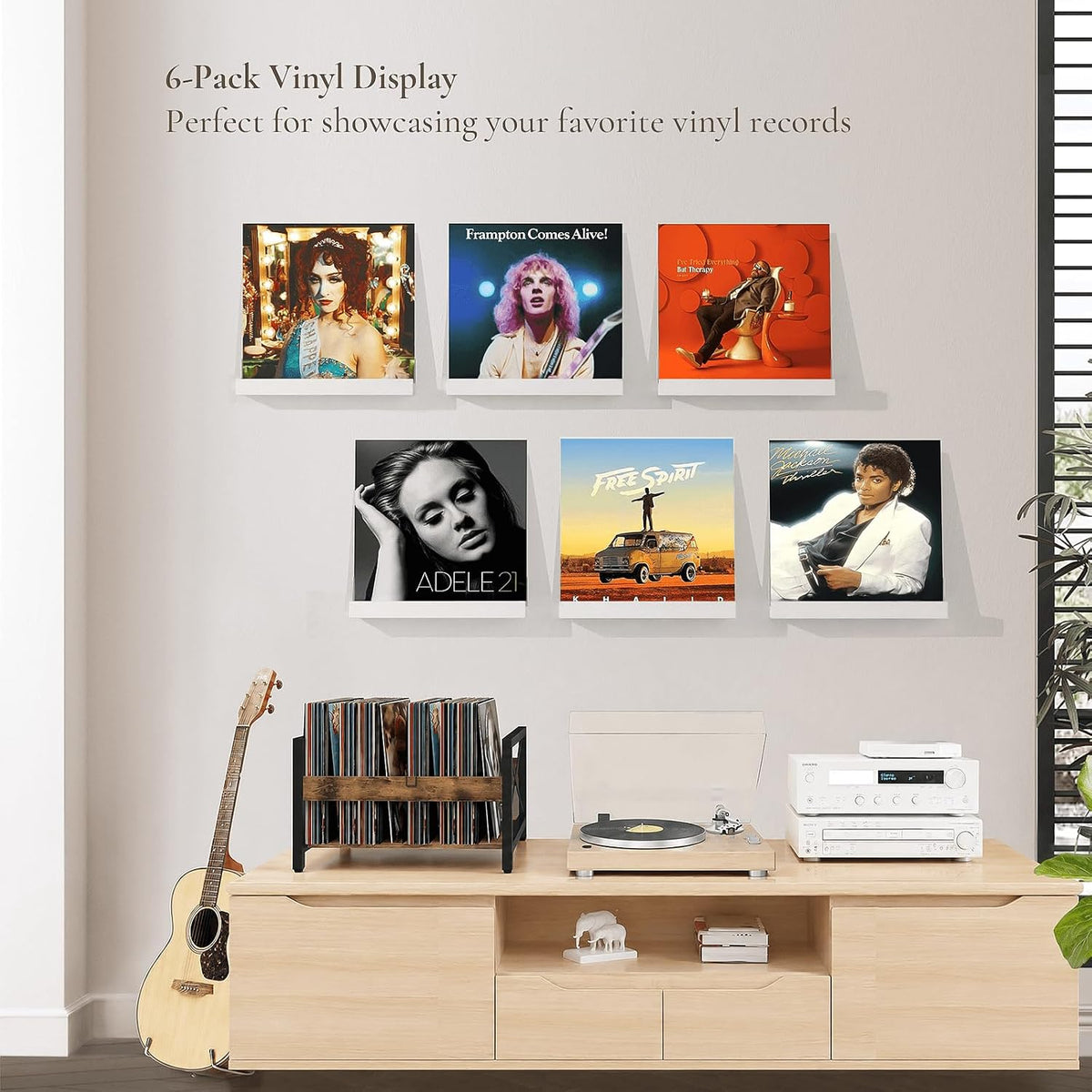 Vinyl Shelf Wall Display, 6 Pack Album Record Holder Wall Mount | 12" Rustic Wood Floating Shelves for Magazine Rack