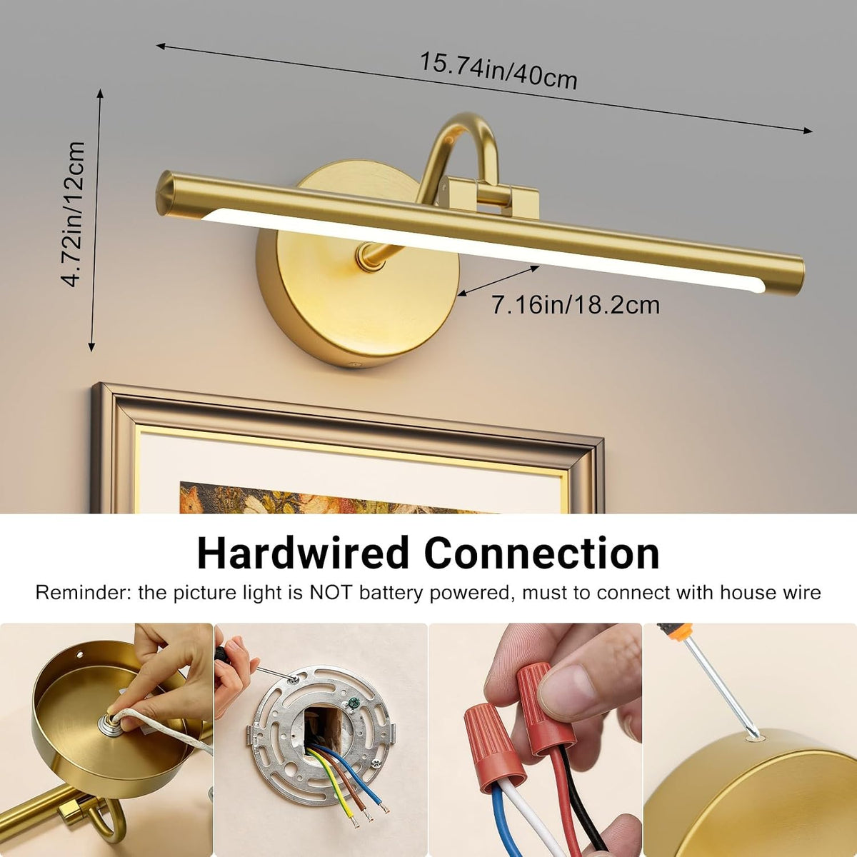 Tipace Hardwired Gold Picture Lights for Paintings - 15.7 inch 3CCT Dimmable Gallery Light LED Wall Art Lighting with