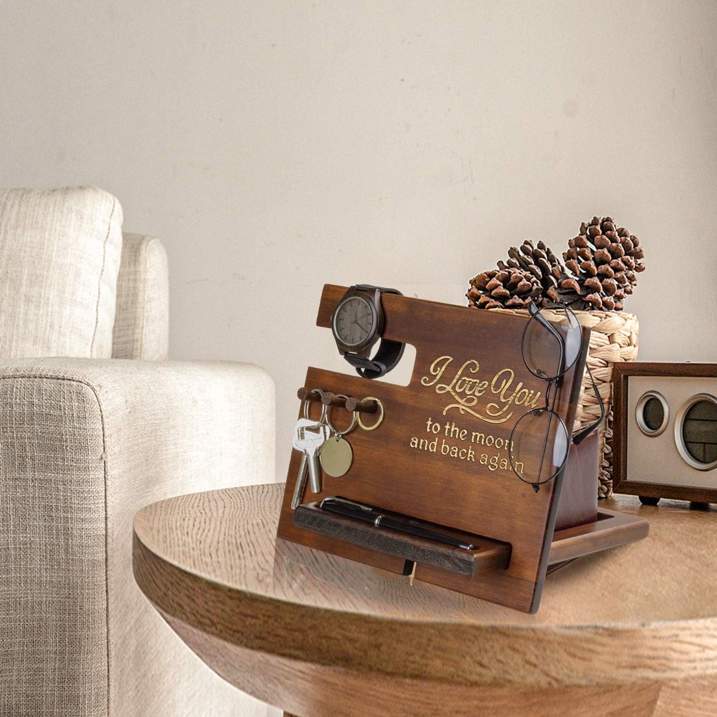 Gifts for Him Anniversary - Wood Phone Docking Station for Men Personalized - Hooks Key Holder Wallet Stand Watch
