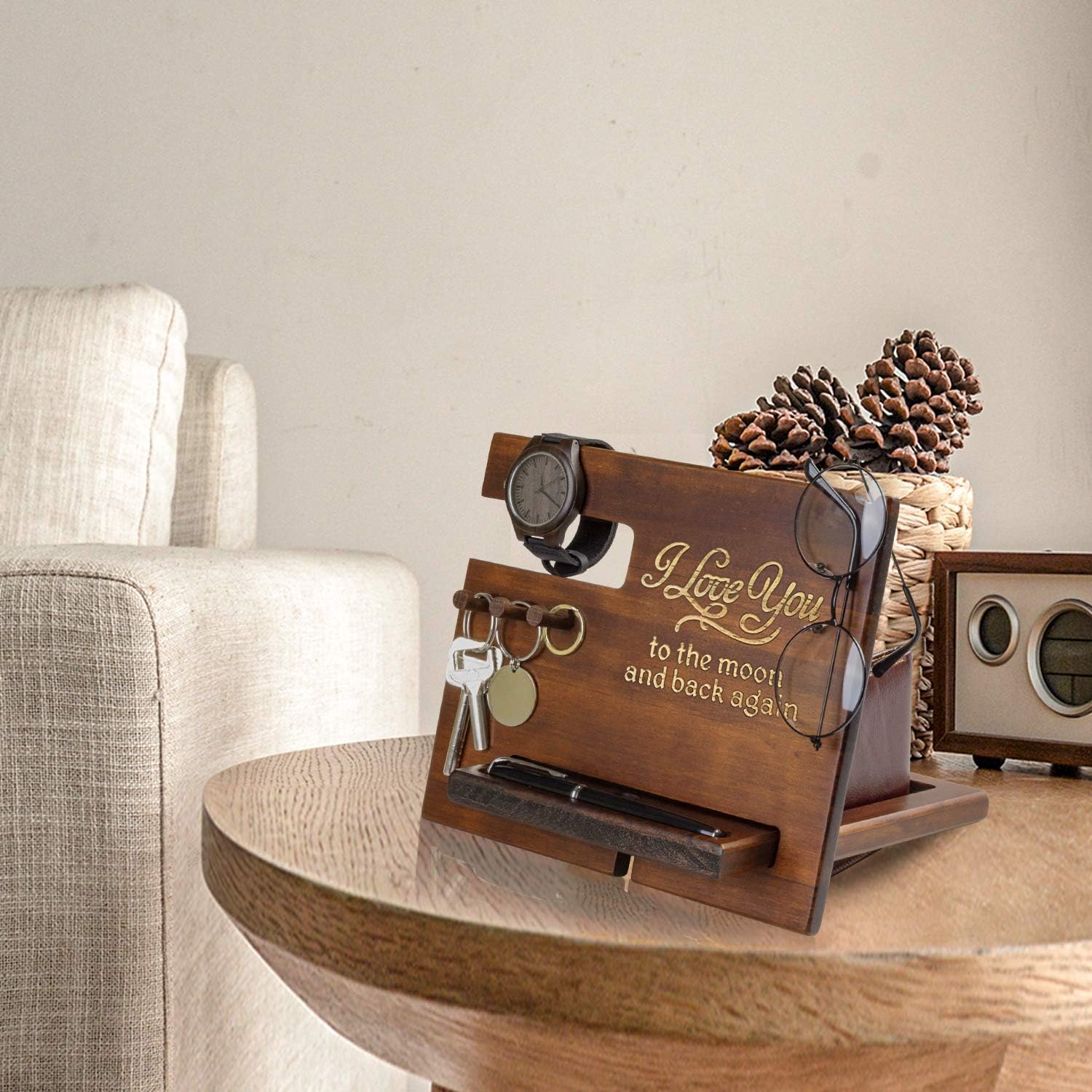 Gifts for Him Anniversary - Wood Phone Docking Station for Men Personalized - Hooks Key Holder Wallet Stand Watch