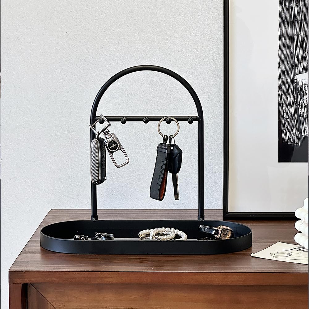 Metal Jewelry Organizer Stand & Key Holder Tray / Matt Black