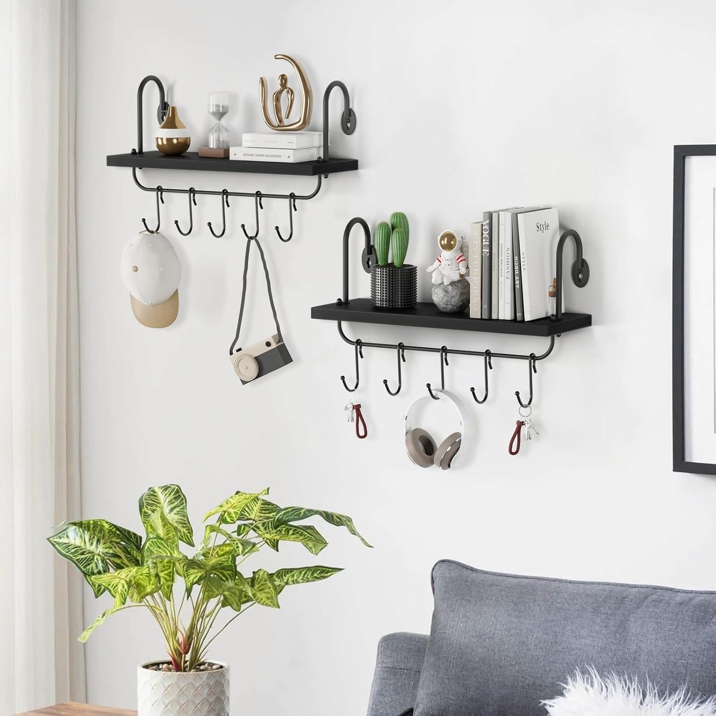 Olakee Floating Wall Shelves for Kitchen Bathroom Coffee Nook with 10 Adjustable Hooks for Mugs Cooking Utensils or