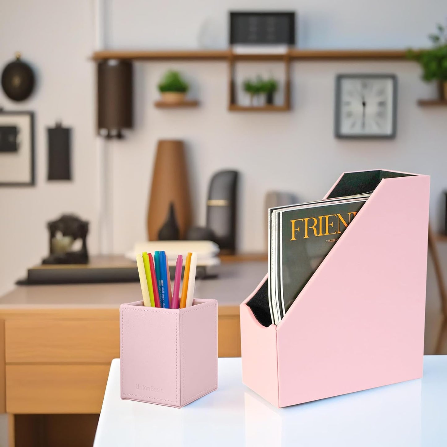 UnionBasic Magazine File Holder, Leatherette Desktop Document Organizer, Home Office Paper Holder File Storage