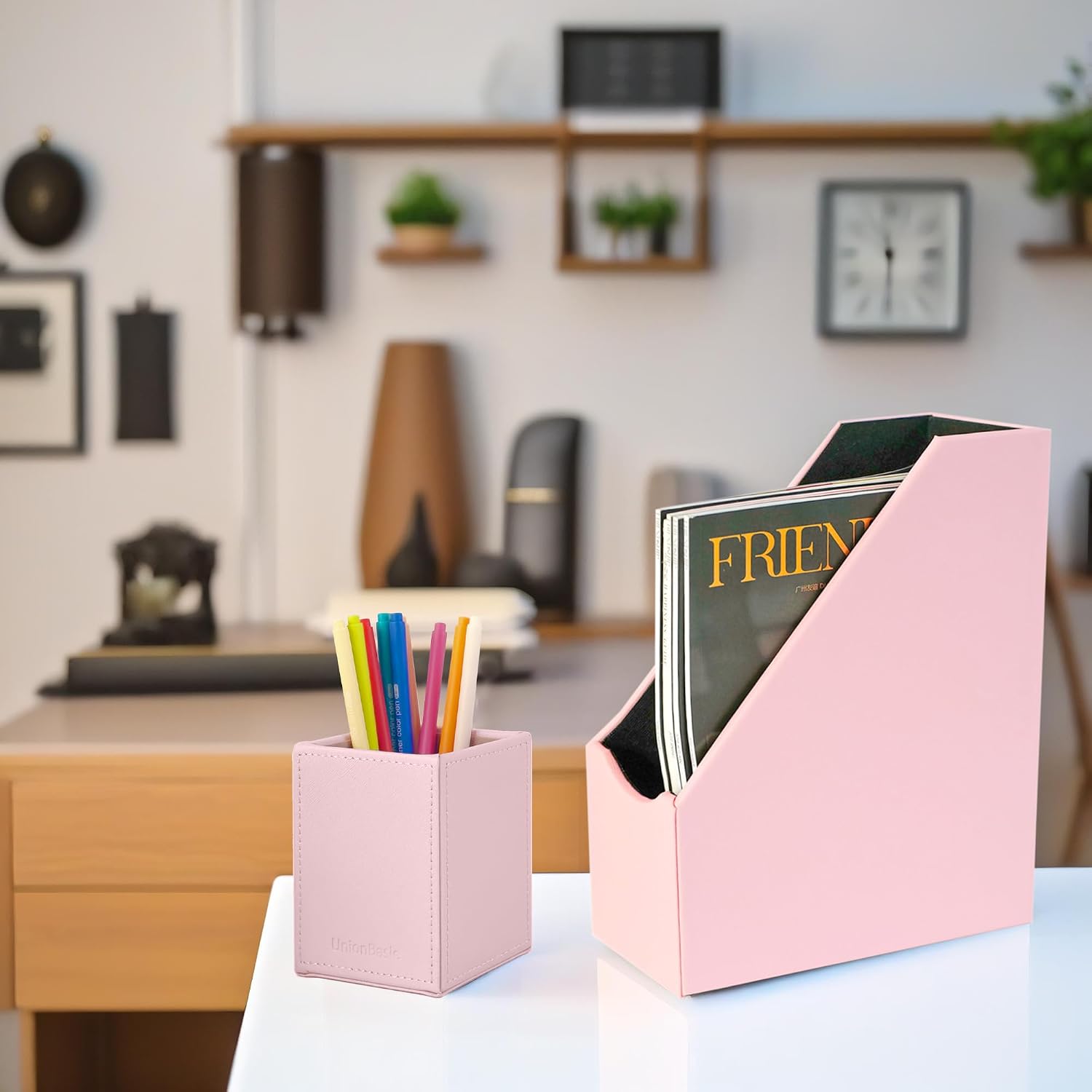 UnionBasic Magazine File Holder, Leatherette Desktop Document Organizer, Home Office Paper Holder File Storage