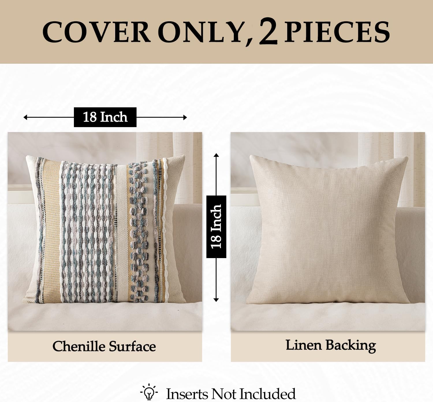 Boho Decorative Throw Pillow Covers Farmhouse Cushion Case / Gray Blue Stripe / 18 x 18 / Set of 2