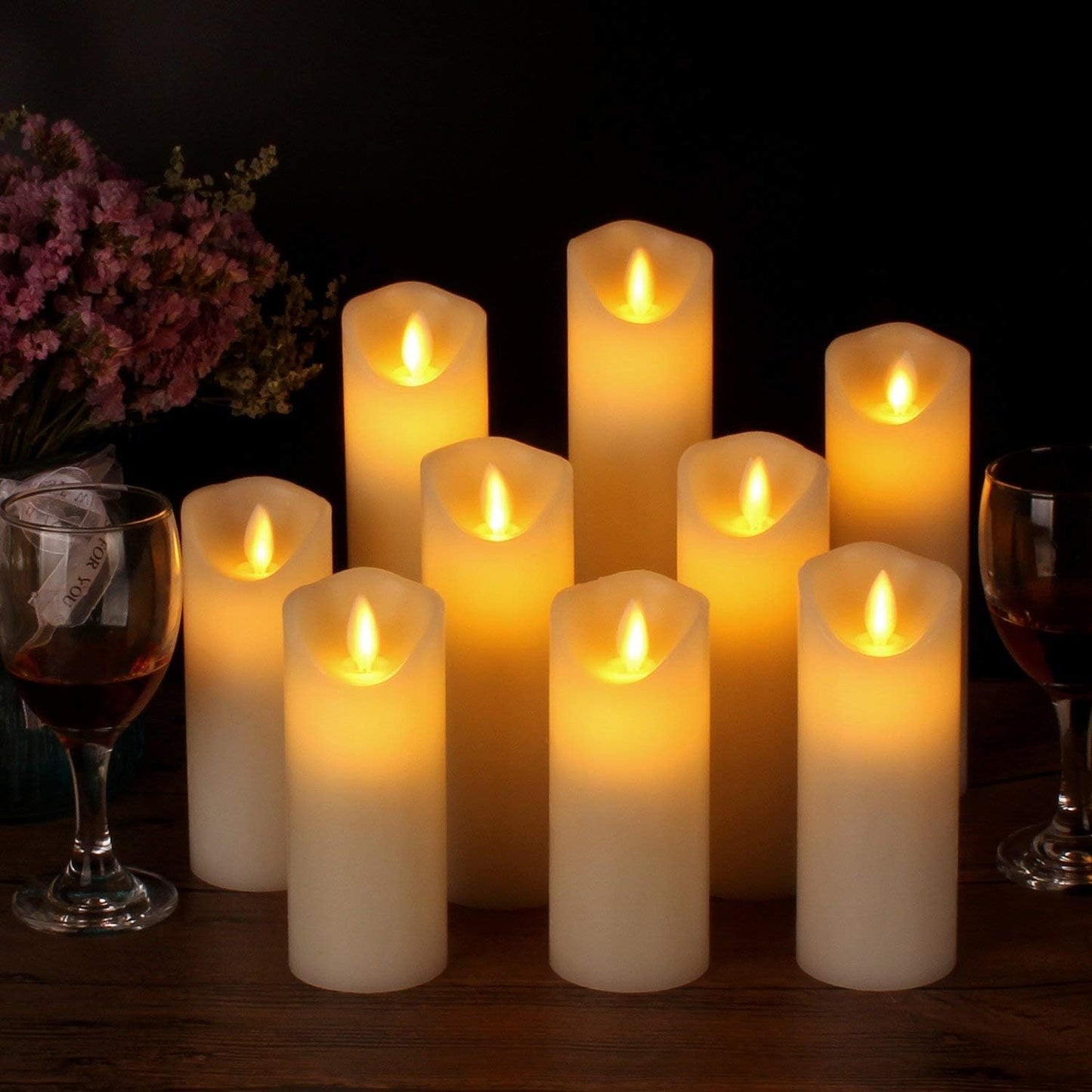 Flameless Candles Set of 9 Ivory Dripless Real Wax Pillars Include Realistic Dancing LED Flames and 10-Key Remote