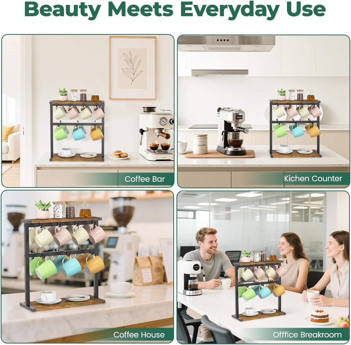 EsLuker.ly Coffee Mug Holder Cup Tree Rack for Coffee Bar Countertop | 2 Tier Wood Station Organizer Narrow Display