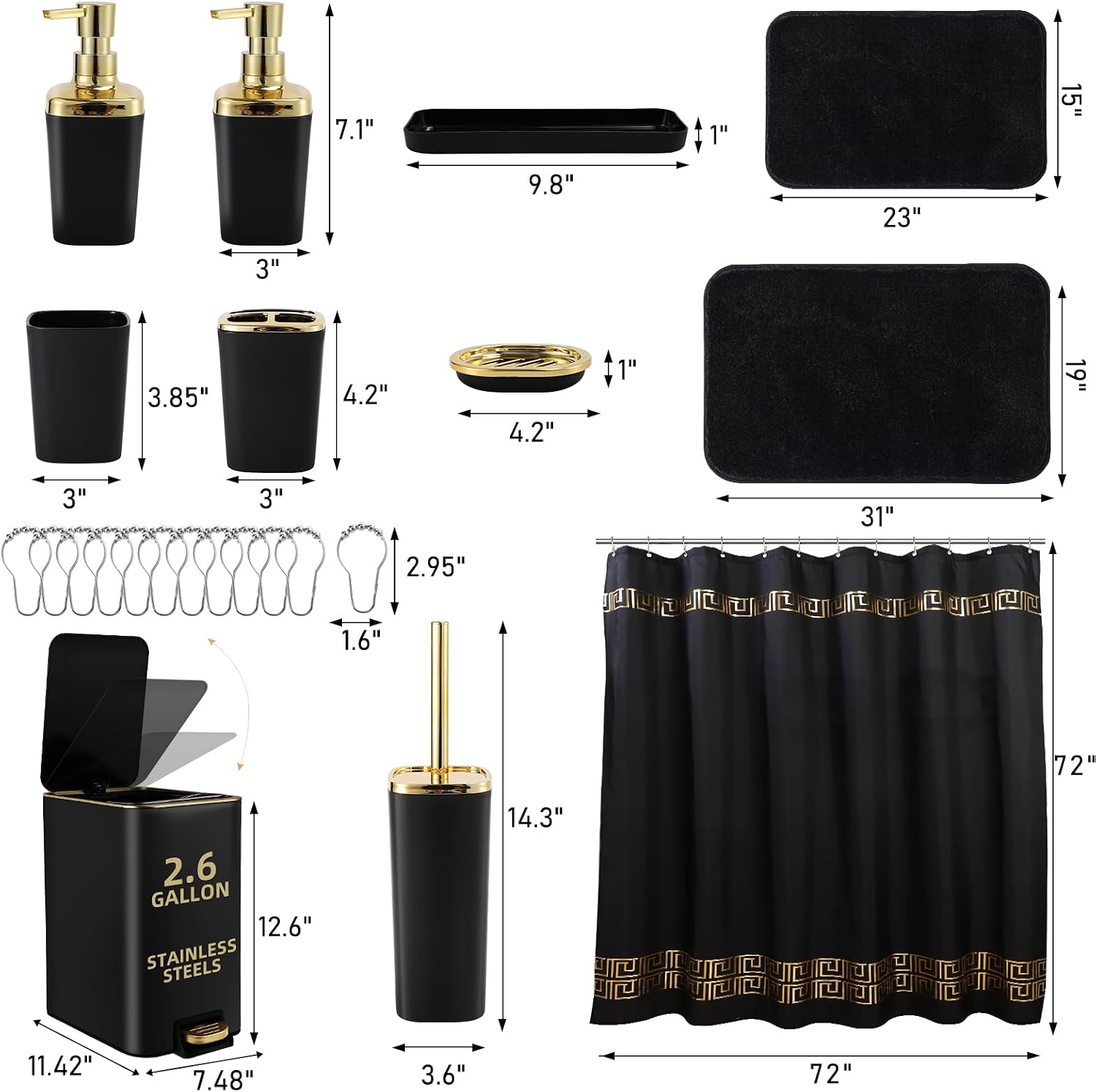 XLHOMO Bathroom Sets with Shower Curtain and Rugs Black Bathroom Accessories Bathroom Set,Soap Dispenser & Toilet Brush