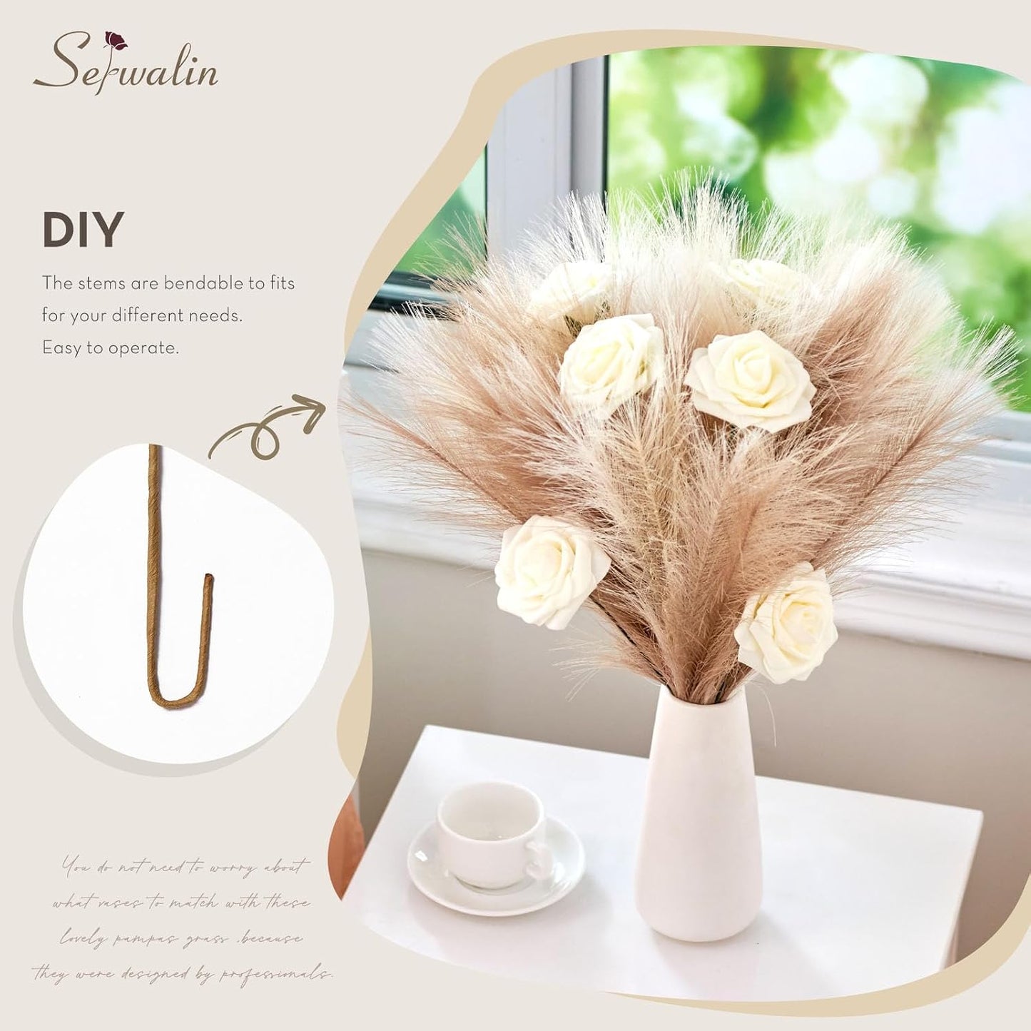 Faux Pampas Grass Bulk Boho Decor / G Ivory & Beige & Sand / Set of 60