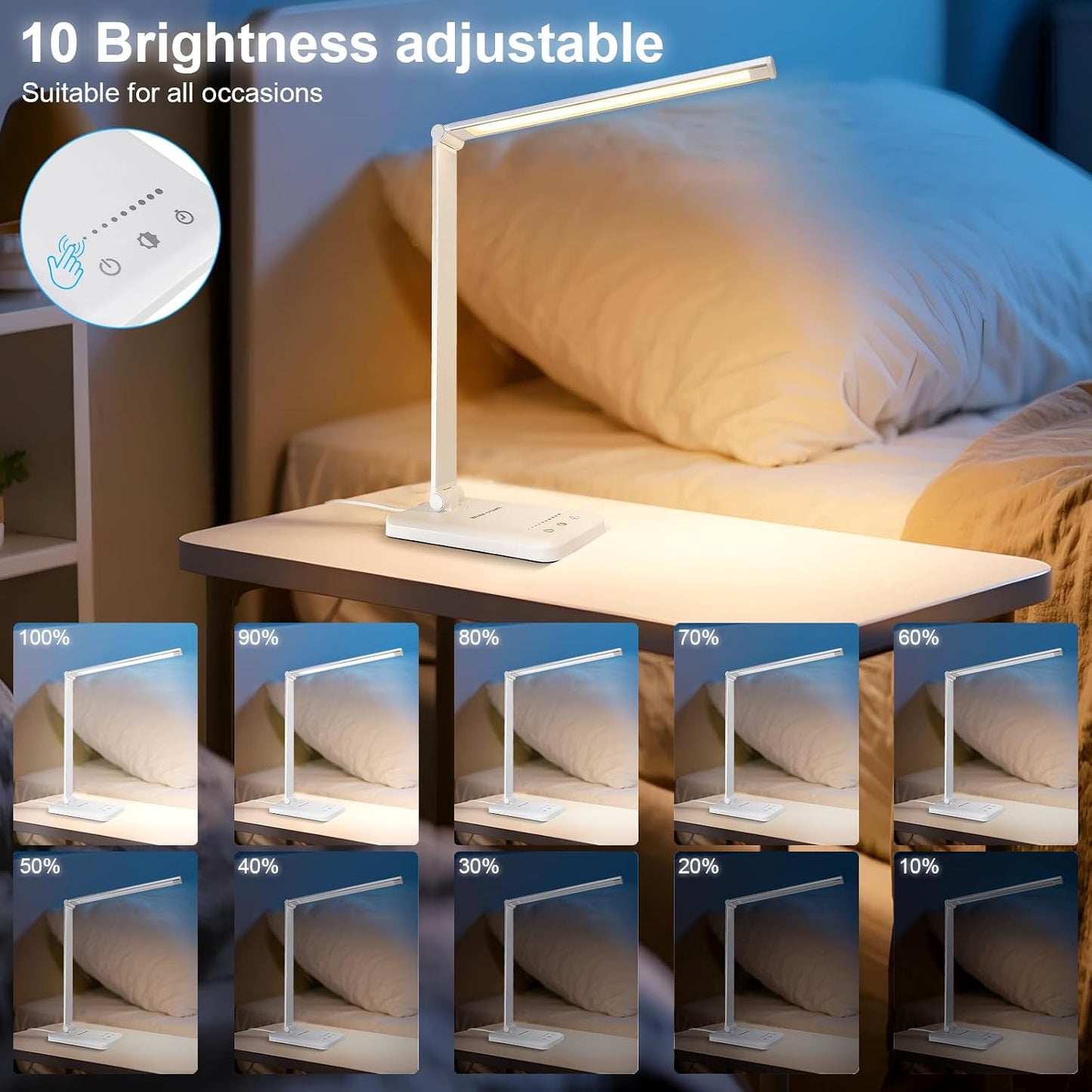 White crown LED Desk Lamp Dimmable Table Lamp Reading Lamp with USB Charging Port, 5 Lighting Modes, Sensitive Control