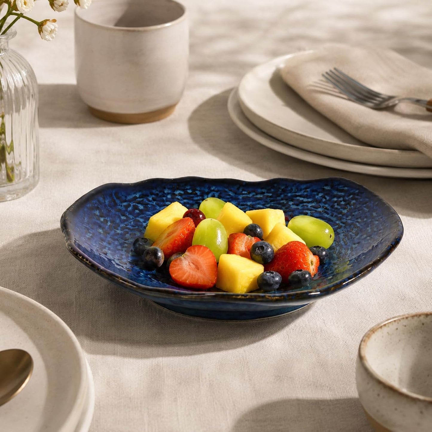 9.6" Blue Ceramic Fruit Bowl / Navy Blue / 9.6in