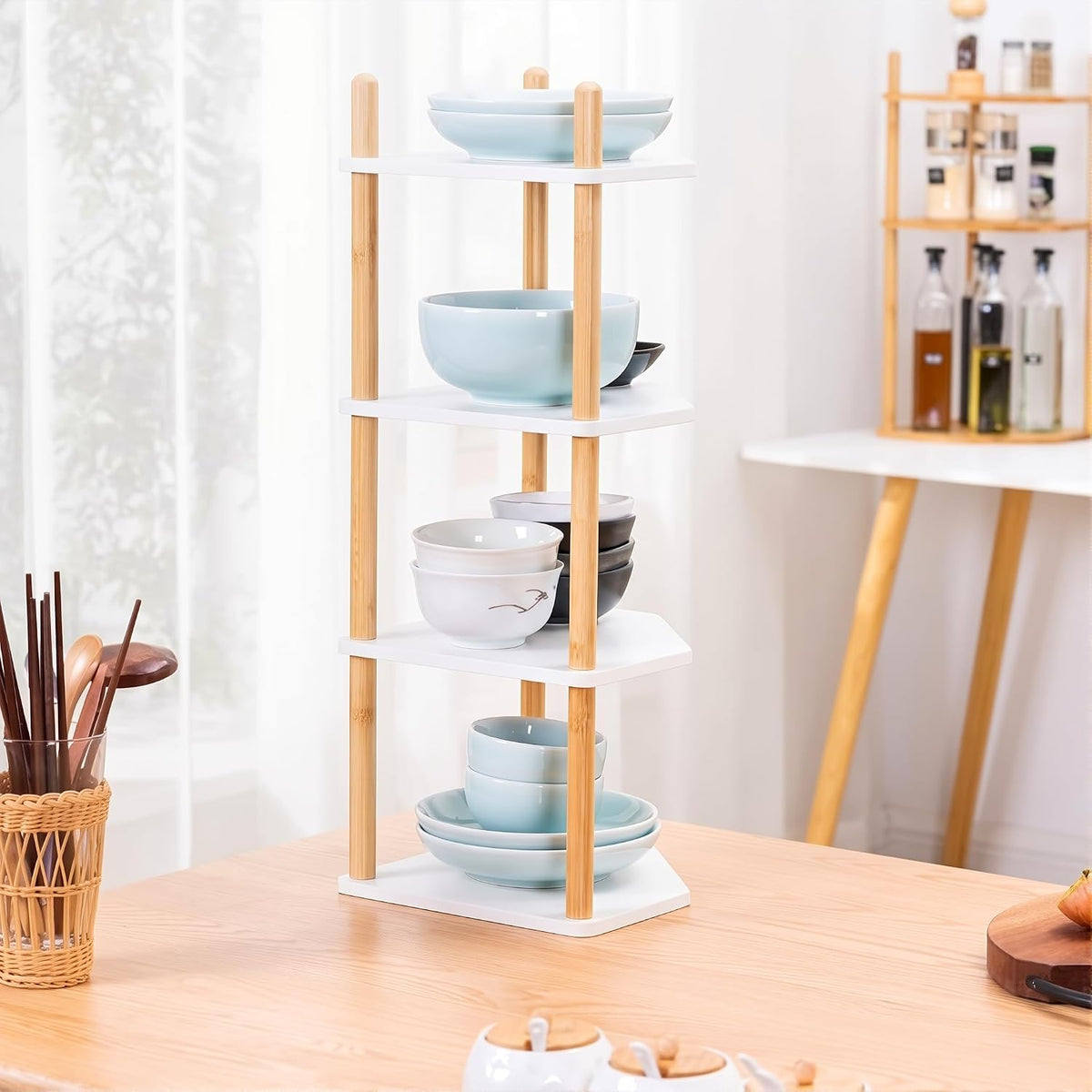 4-Tier Bamboo Corner Shelf,Kitchen Countertop Organizer,Corner Countertop Organizer Shelf, Coffee Bar Organizer,Coffee