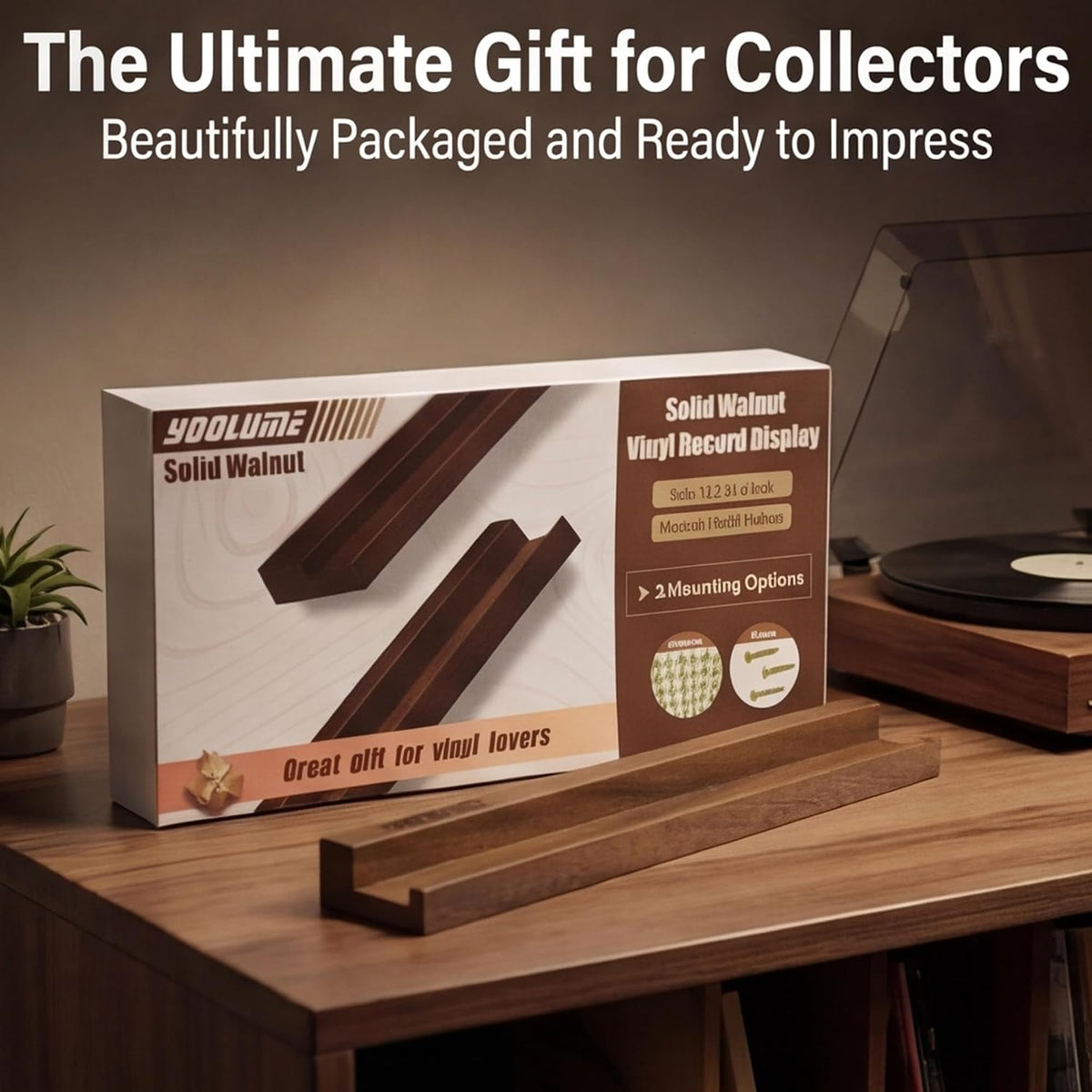 Record Wall Display No Drill with 2 Mount Options(Adhesive & Screws), 10 Pack Walnut Wood Vinyl Shelf, Vinyl Wall