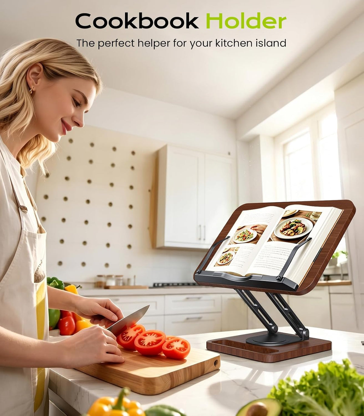 LOXP Book Stand with Storage, 360° Rotating Cookbook Stand, Ergonomic | Adjustable height angle,Hands-free, anti-slip