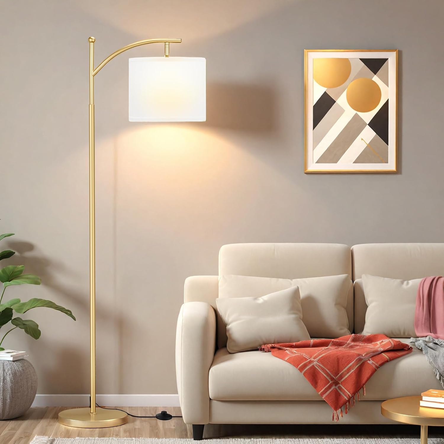 Ambimall 60" Floor Lamp for Living Room with 3 Color Temperatures, Adjustable White Shade with Gold Pole, Tall Lamp for