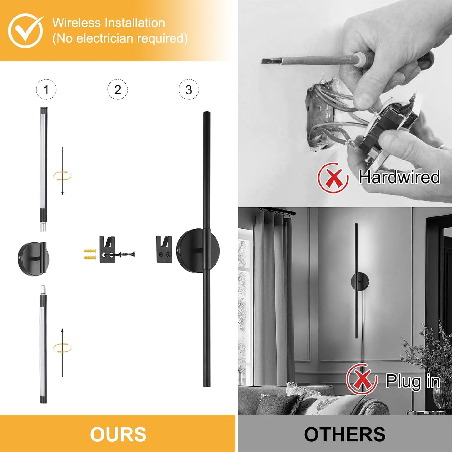 Wireless Battery Operated Wall Sconces with Remote, Black Rechargeable Led Wall Lights Set of Two, Cordless Dimmable