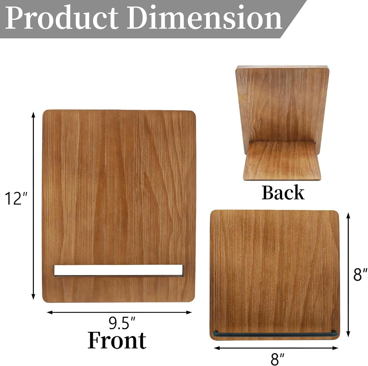 Brown Solid Wood Cookbook Stand: for Kitchen Counter Recipe Holder | Heavy-Duty Wood Cook Book Stand Holds 2" Thick