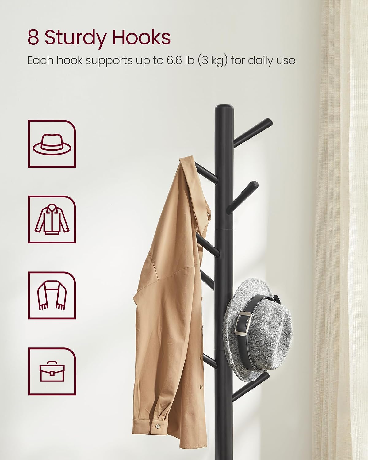 VASAGLE Solid Wood Coat Rack, Free Standing Tree-Shaped Coat Rack with 8 Hooks, 3 Height Options, for Clothes, Hats