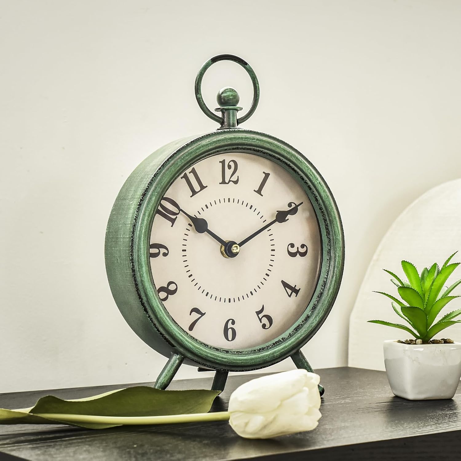 Vintage Rustic Table Clock on Stand / Green / 10.5"H