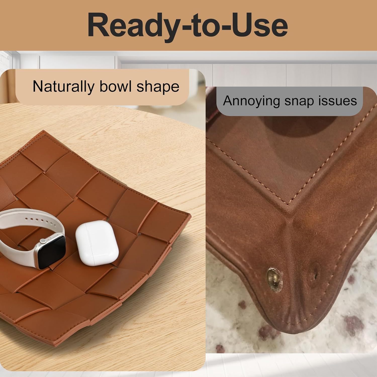 Valet Tray PU Leather Key Holder Bowl for Men Entryway Table Nightstand Desk Tray / Brown + Black