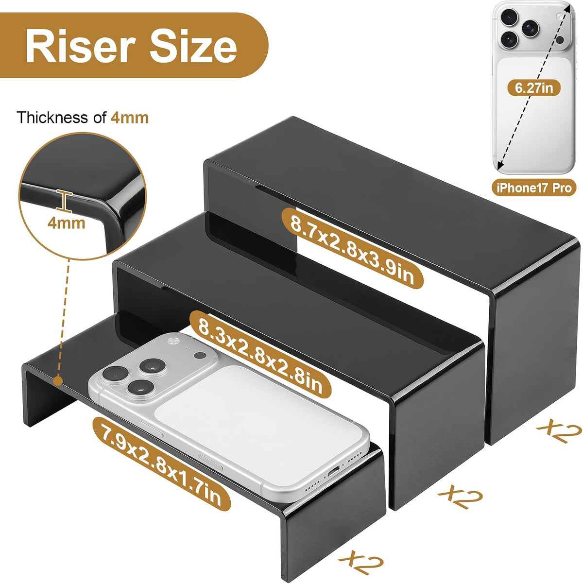 6 Pcs Acrylic Display Risers, 2 Set(7.9”L, 8.3”L, 8.7”L), Black | Rectangular Display Stands, Acrylic Display Shelves