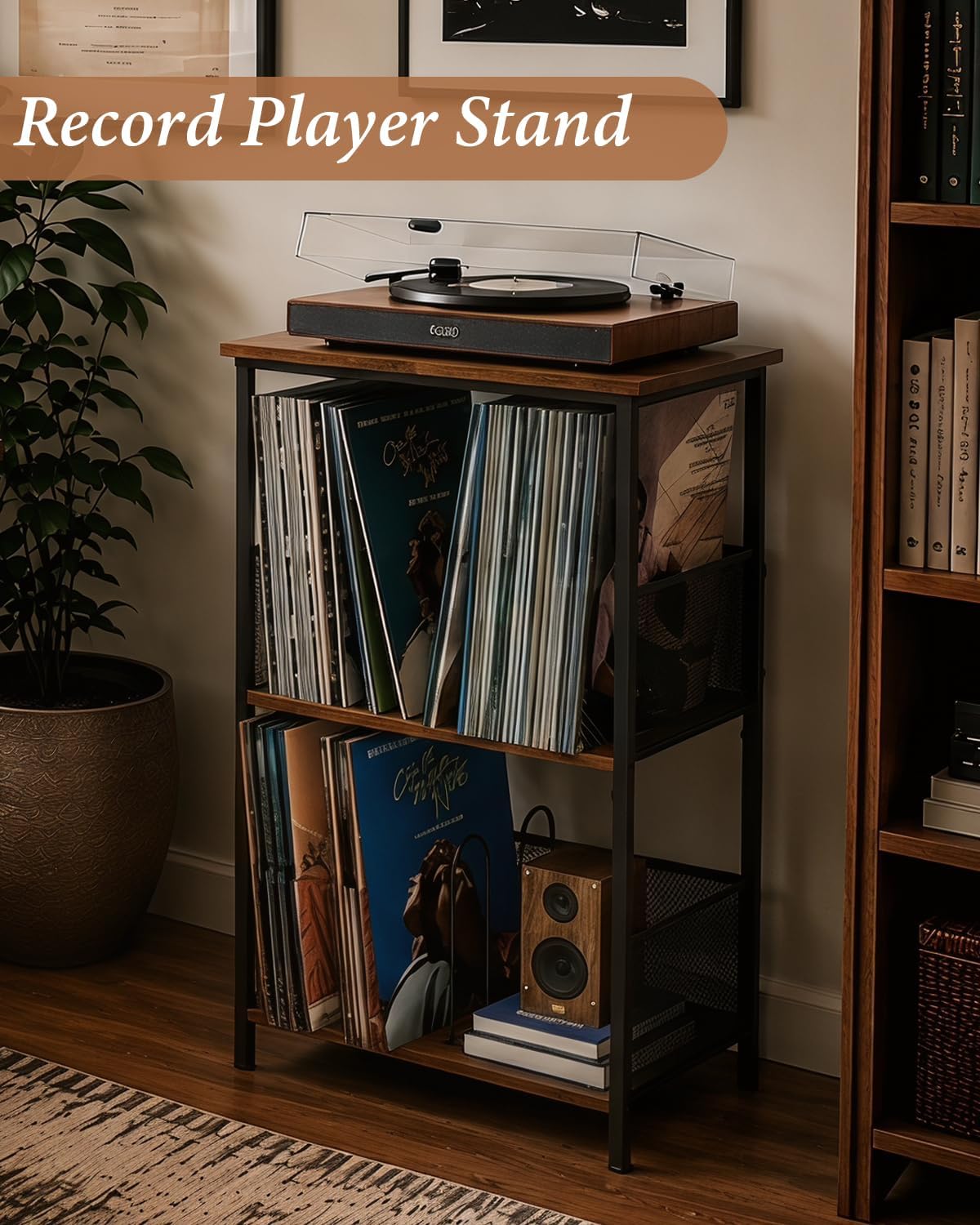 Honkazita 3 Tier Vinyl Record Storage Table Wooden Turntable Stand | holds up to 200 albums, now playing vinyl record