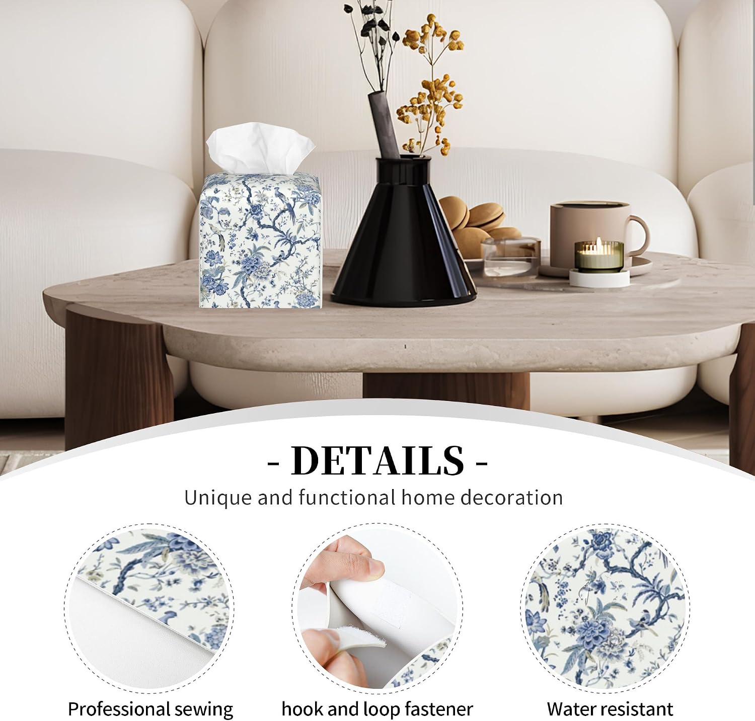 Tissue Box Cover Leather Tissue Box Holder Square Facial Paper Organizer / Blue Flower and Bird