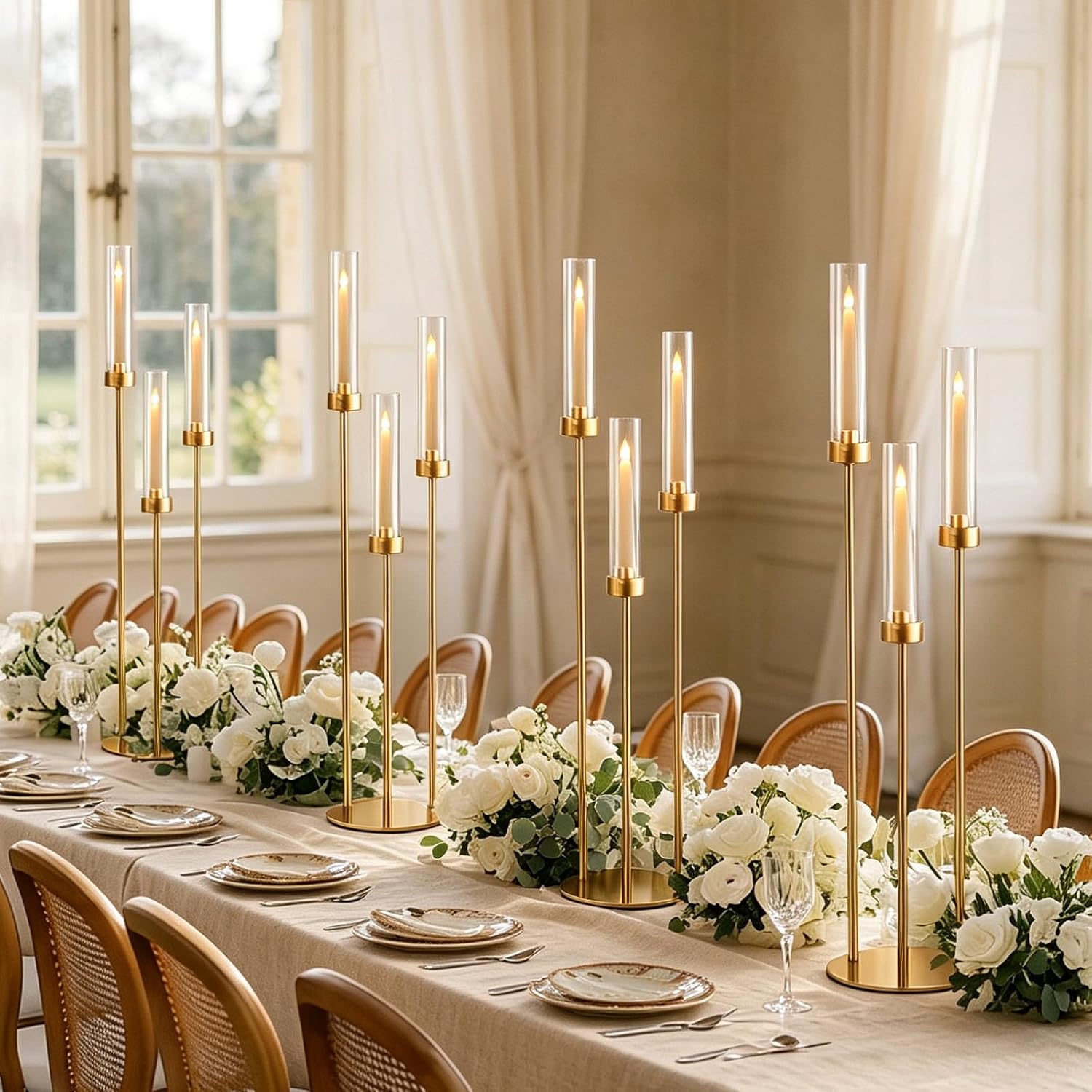 4PCS Gold 3-Arm Candelabra Centerpiece for Table 33.8in Metal | Candle Holder with Acrylic Lampshade,Fits LED Taper