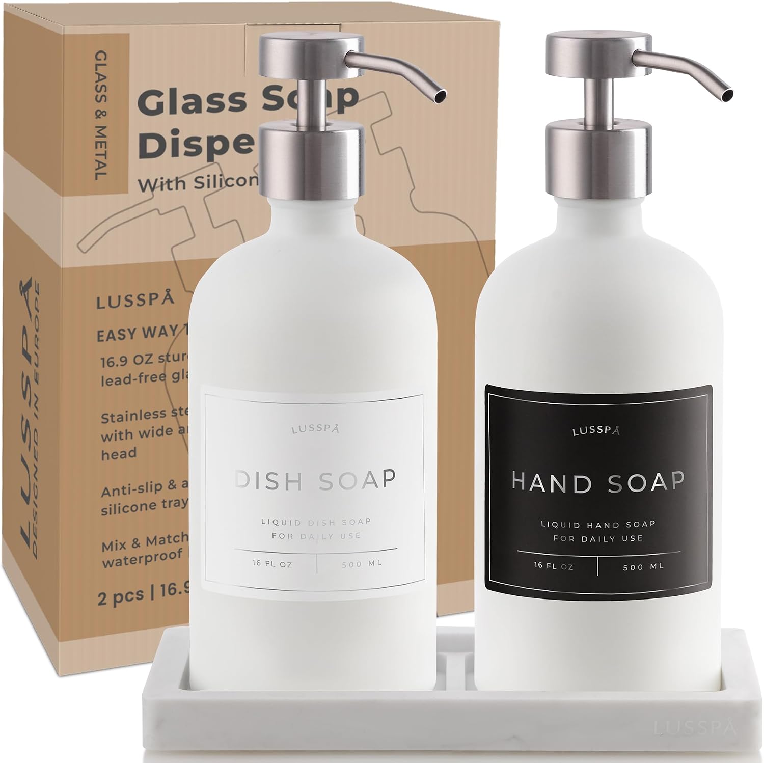 Glass Soap Dispenser Set of 2 (White) with Silicone Tray | Hand and Dish Soap Dispenser for Kitchen and Bathroom | 16.8
