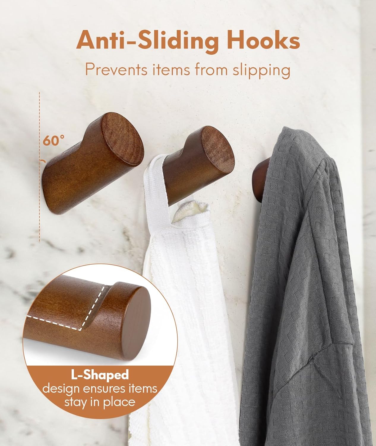 Wood Wall Hooks for Hanging / Walnut / Set of 6