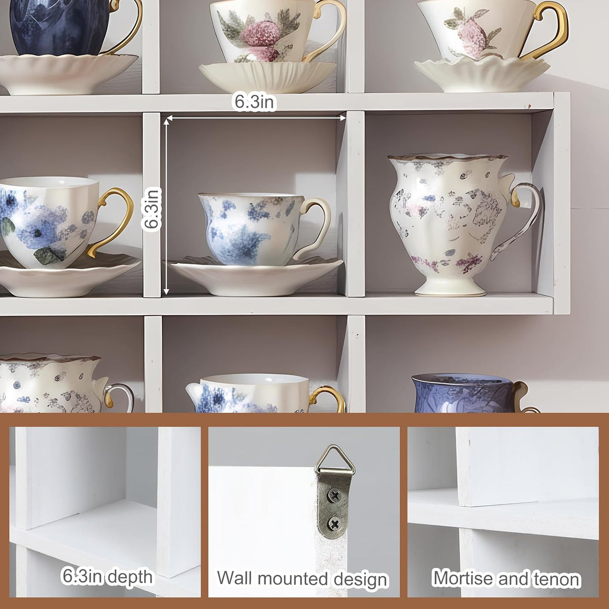 Suzile Oversize Tea Cups and Saucers Shelf Rustic Wooden Coffee Display Shelves Wooden Floating Curio Shelf Mounted Tea