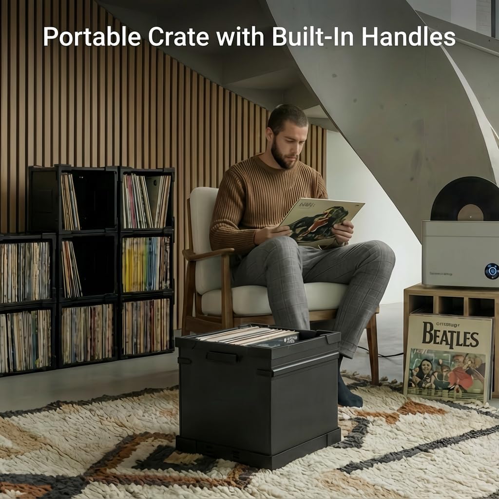 HumminGuru FlexiCube Vinyl Record Storage Box – Stackable Organizer for 12” Records, Holds 70 LPs | Modular Vinyl Shelf