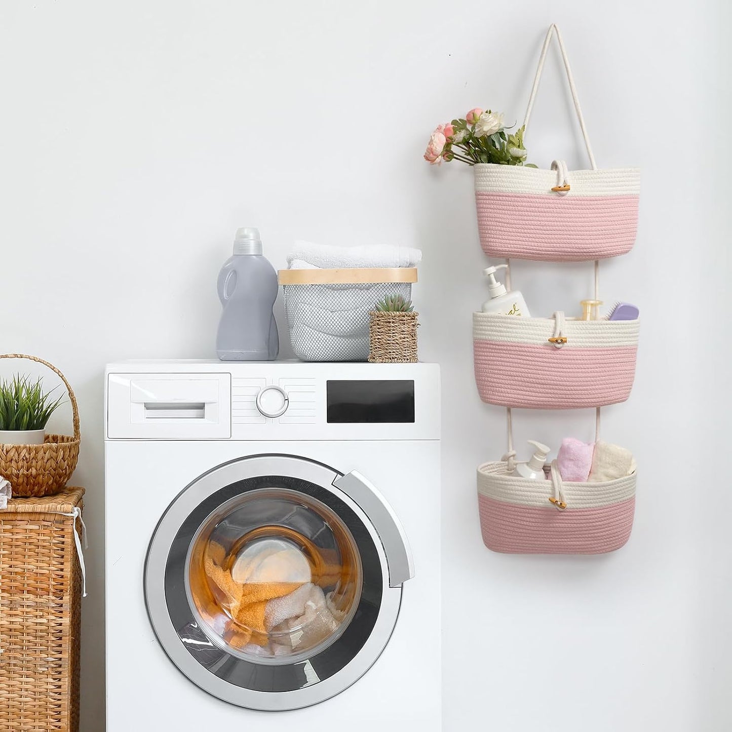 3-Tier Woven Cotton Storage Organizer Bag / Pink+white / 3 Tier+button