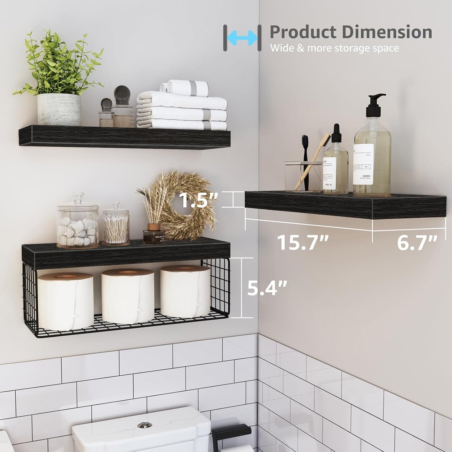 QEEIG Bathroom Shelves Over Toilet - Wall Mounted Floating Shelves Toilet Paper Storage Small Farmhouse Decor Shelf 16
