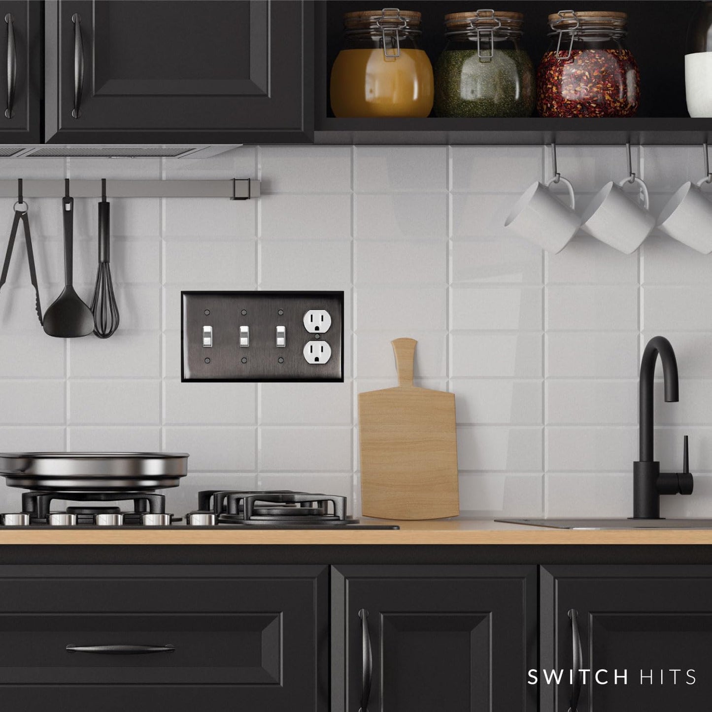Satin Nickel Black Outlet Wall Plate | 3 Toggle - 1 Duplex | 8.25" x 4.5" | Hand-Polished Brass Construction