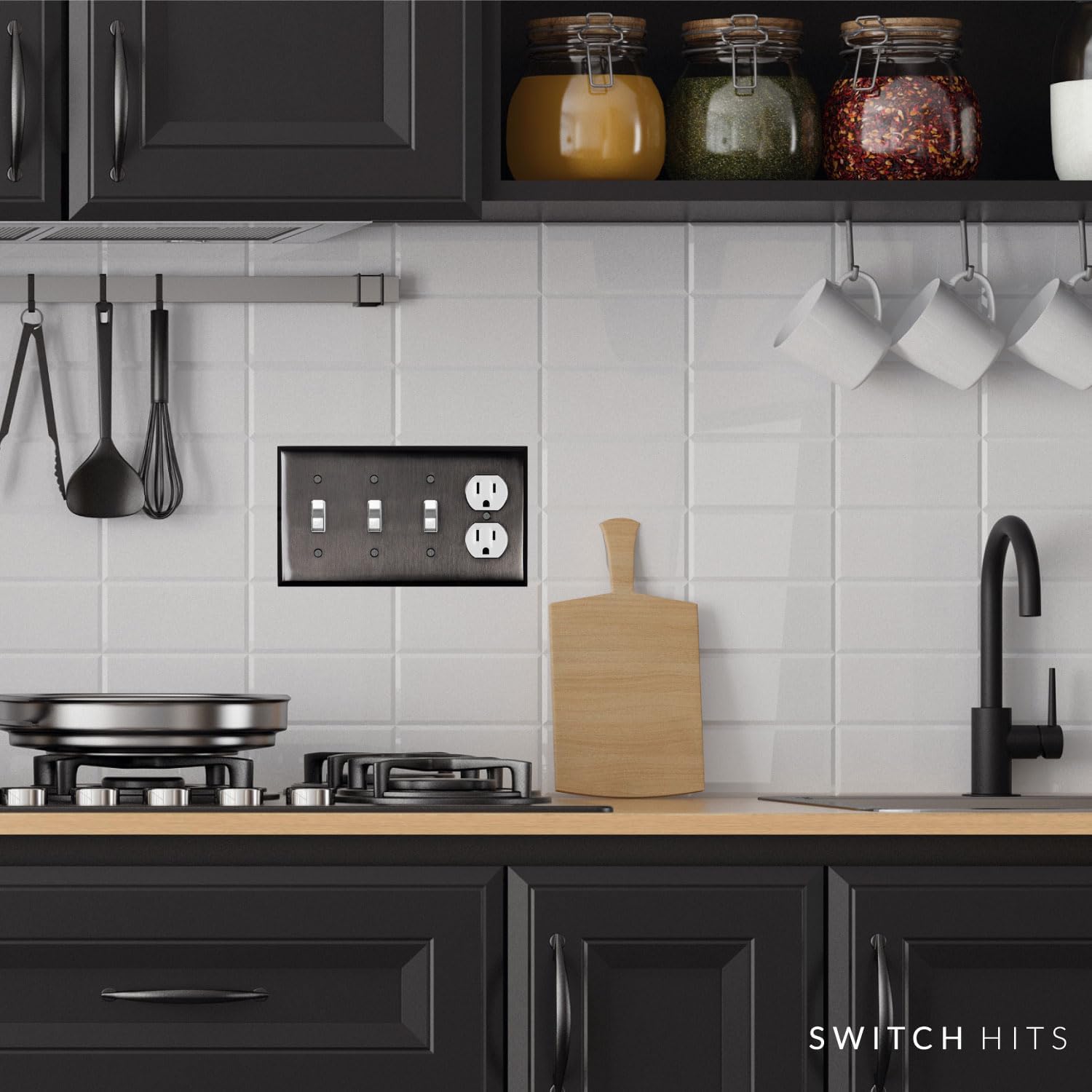 Satin Nickel Black Outlet Wall Plate | 3 Toggle - 1 Duplex | 8.25" x 4.5" | Hand-Polished Brass Construction