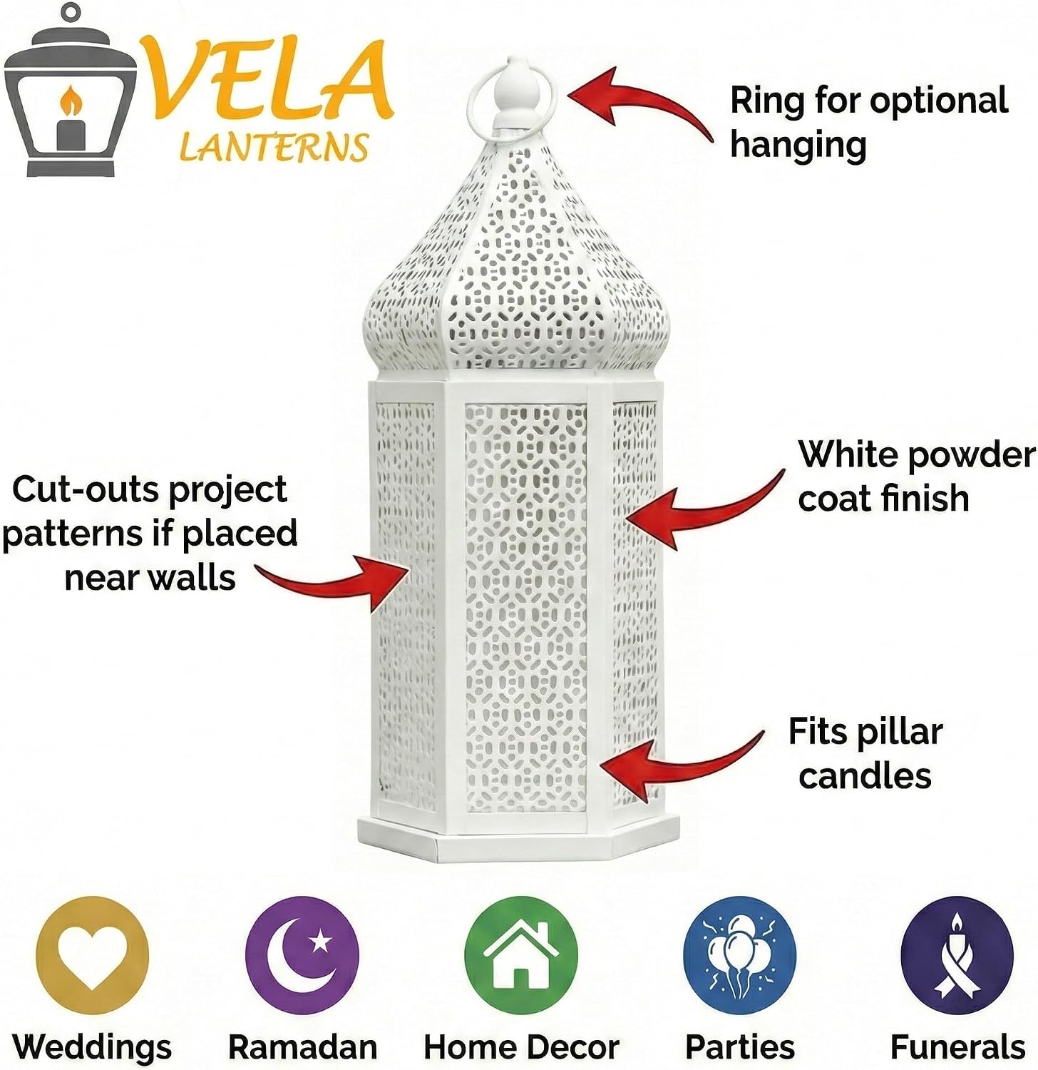 VELA LANTERNS Large Temple Tower Moroccan Lantern Lamp Decorative Candle Holders for Ramadan Decorations, Hanging