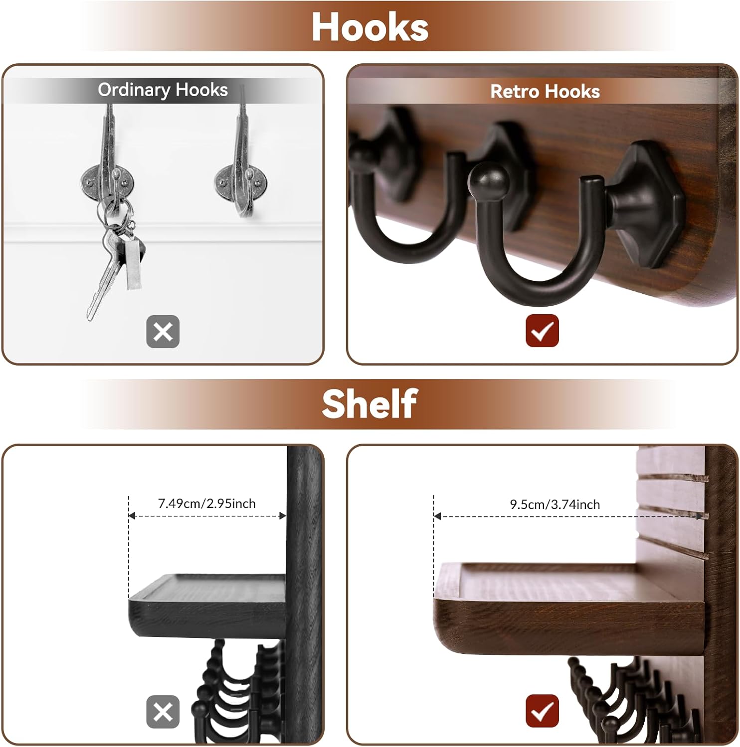 6 Hooks Wooden Hanging Key Rack / Brown