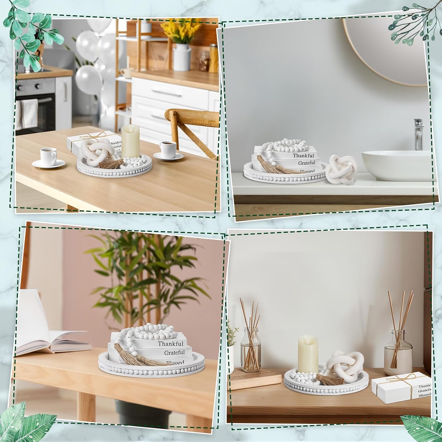 Rustic Wooden Coffee Table Tray Decoration Set / White / Thankful / Set of 6