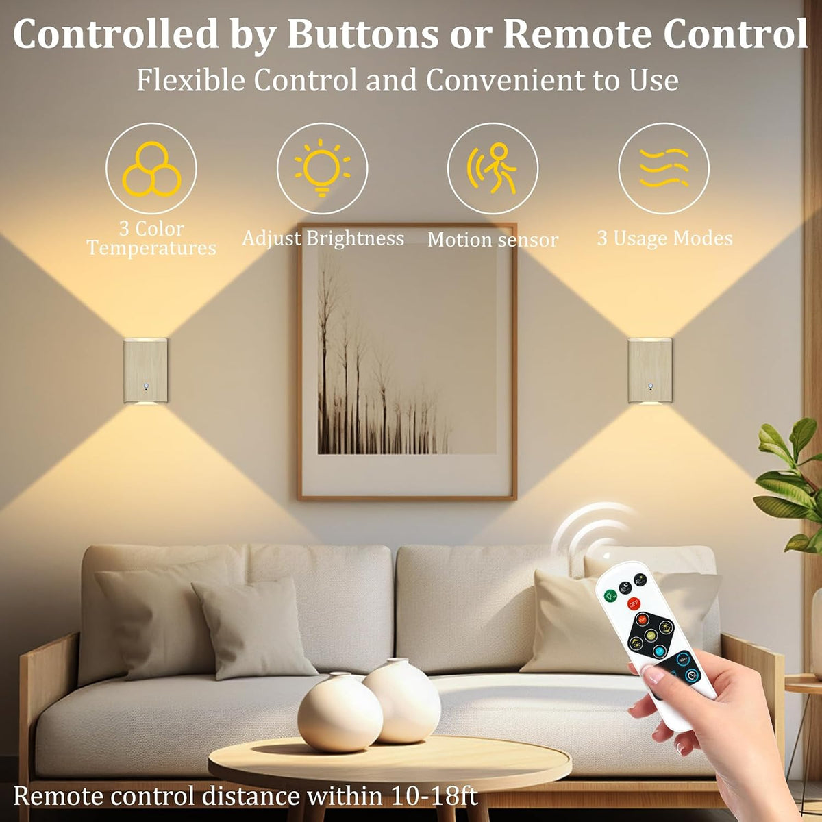Eneru Motion Sensor Wall Sconce, Rechargeable Wireless Lights Indoor 4 Pack | 5000mAh Battery Powered, Remote 3CCT