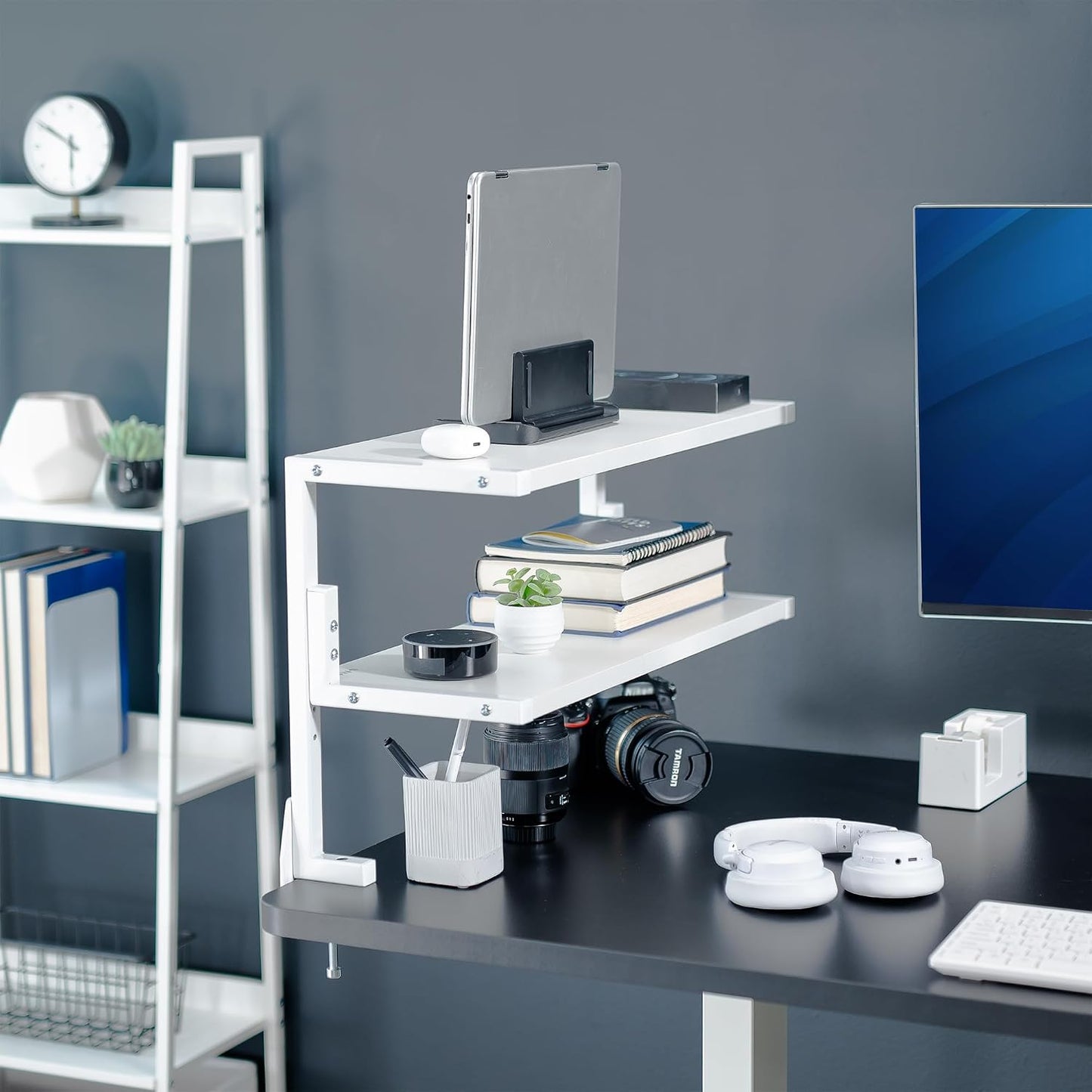 VIVO White Clamp-on 24 inch 2-Tier Desk Shelf, STAND-SHELF24C-W | Above or Below Desk, 2 Level Shelving Unit for Table
