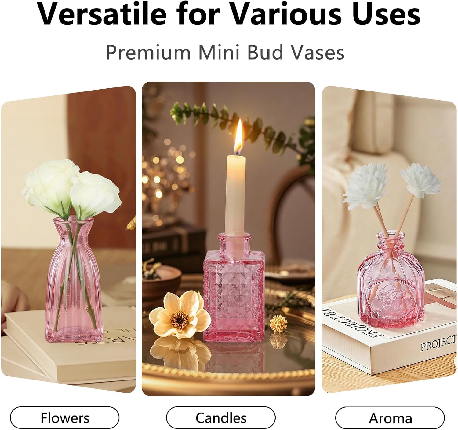 Glass Bud Vases Mini Flower Vase Small Vintage Vases for Centerpiece Table Wedding / Pink
