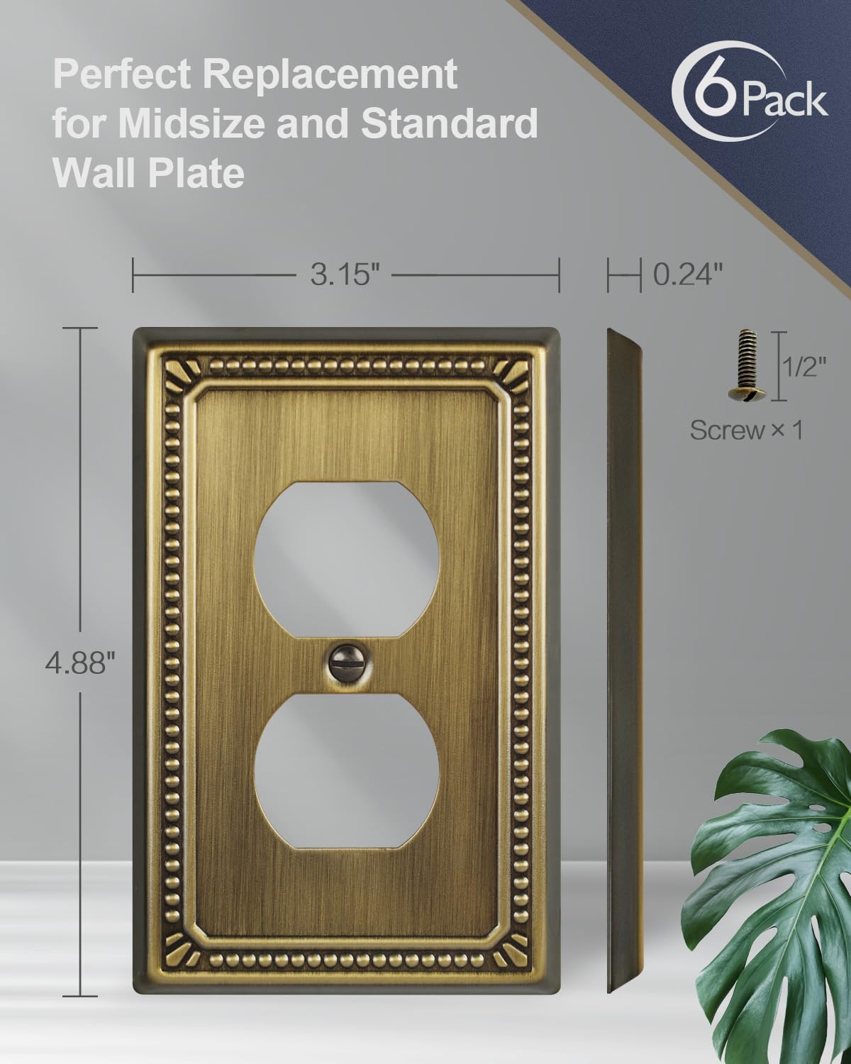 Switch Plates Outlet Covers, 6-Pack Antique Brass Metal Wall Plates | Midsize Beaded Duplex Outlet Cover, Fits Standard