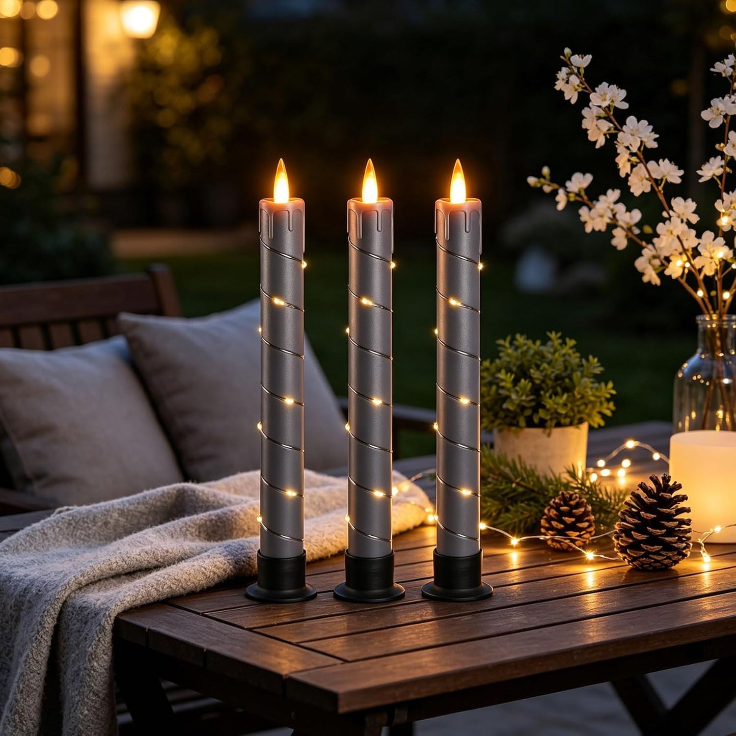 3 Pack Gray Dripping Wax Flameless Candles, Realistic Dynamic Flame LED Taper Candles with Surrounding Fairy String